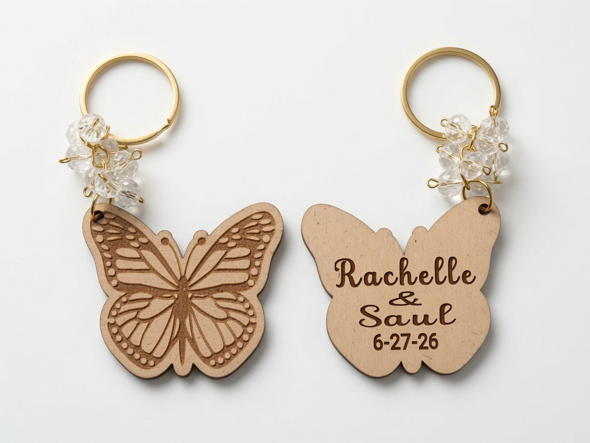 Set of 12 Personalized Butterfly Wooden Keychain - Custom Engraved Name & Date | Sweet 16, Quinceañera, Wedding, Baptism, Communion & More
