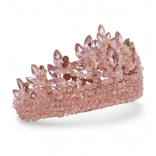 Blush pink Quinceañera tiara rose gold frame side angle studio product photo