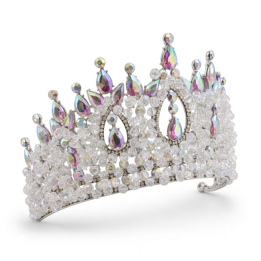 Clear pearl AB Quinceañera corona silver teardrop arches side angle studio product photo