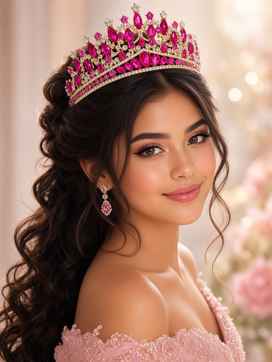 Fuchsia hot pink Quinceañera tiara crown gold young woman wearing this Quinceañera tiara for quince styling