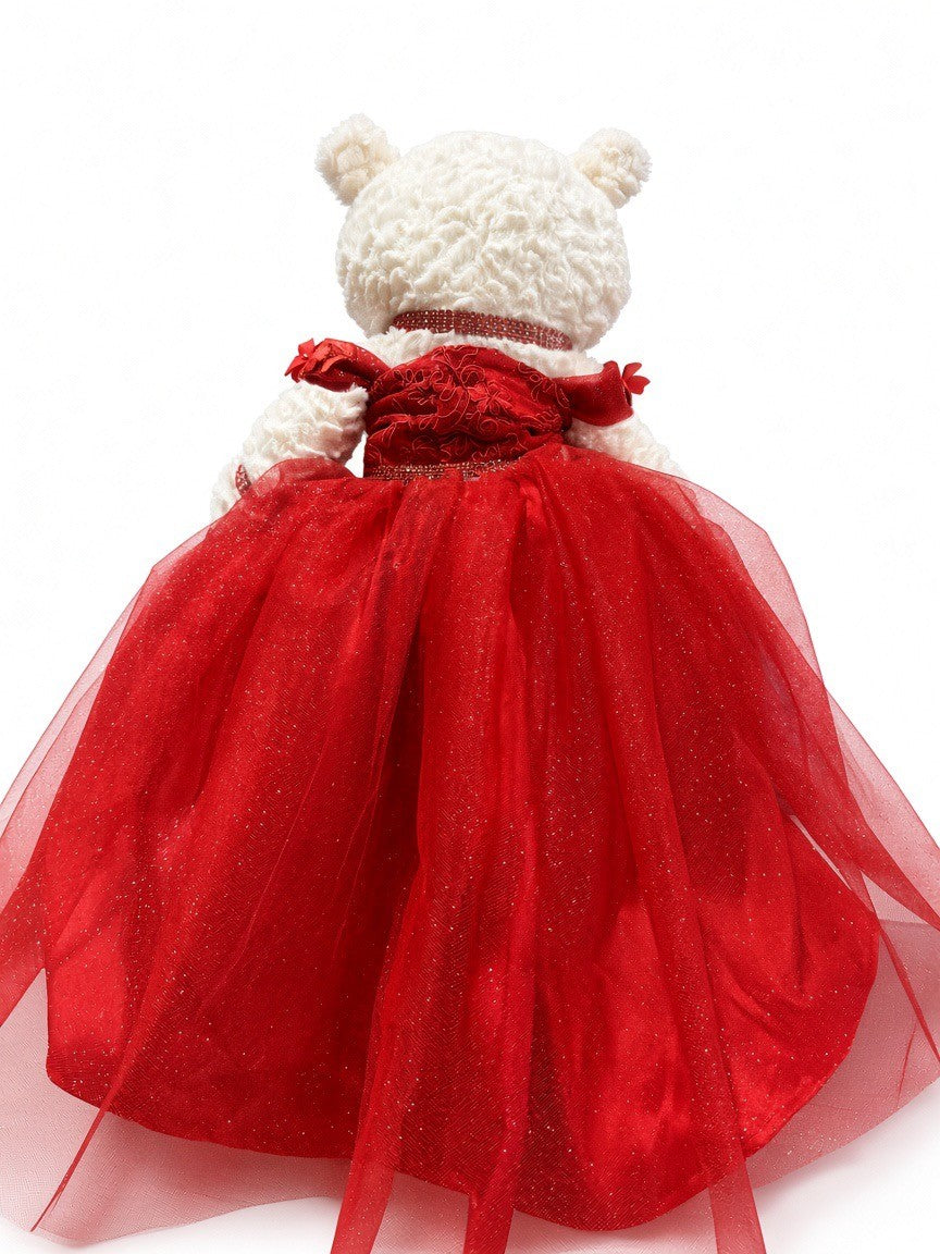 Red quinceañera teddy bear back view of the red ball gown