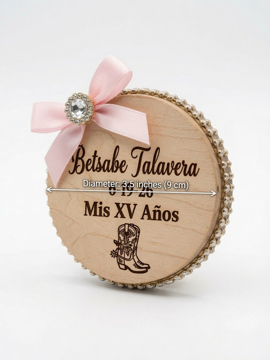 12 set of Personalized Quinceañera Bottle Opener Magnet - Mis XV Años Wooden Favor with Rhinestones & Pink Ribbon