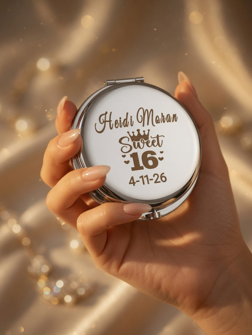 Set of 12 Personalized Sweet 16/Wedding(Boda)/baptism(bautizo)/Communion/Anniversary/Quinceañera Compact Mirror - Custom Engraved Makeup Mirror with Name & Date | Elegant Princess Gift for Her