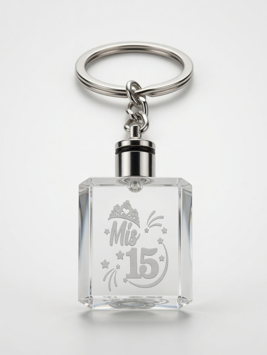 12 piece Personalized Crystal Keychain - Mis 15 Quinceañera / Sweet 15 / Sweet 16 / Communion / Baptism(Bautizo) / Anniversary / Wedding(Boda) | Custom Quinceañera Christening Gift | Engraved Rectangular Crystal Keychain