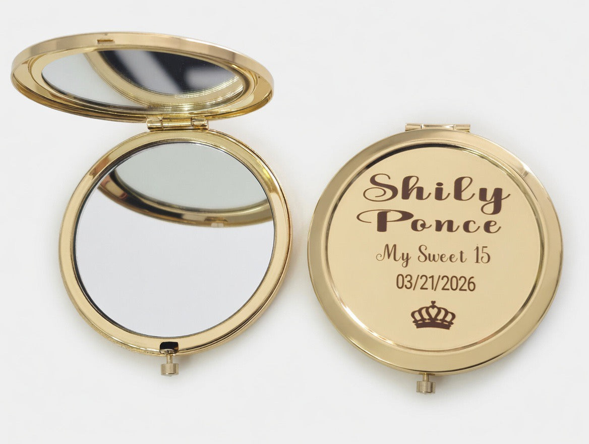 Set of 12 Personalized Sweet 16/Wedding(Boda)/baptism(bautizo)/Communion/Anniversary/Quinceañera Compact Mirror - Custom Engraved Makeup Mirror with Name & Date | Elegant Princess Gift for Her