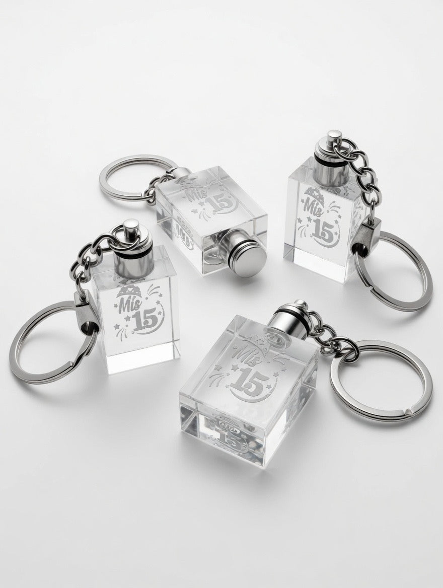 12 piece Personalized Crystal Keychain - Mis 15 Quinceañera / Sweet 15 / Sweet 16 / Communion / Baptism(Bautizo) / Anniversary / Wedding(Boda) | Custom Quinceañera Christening Gift | Engraved Rectangular Crystal Keychain