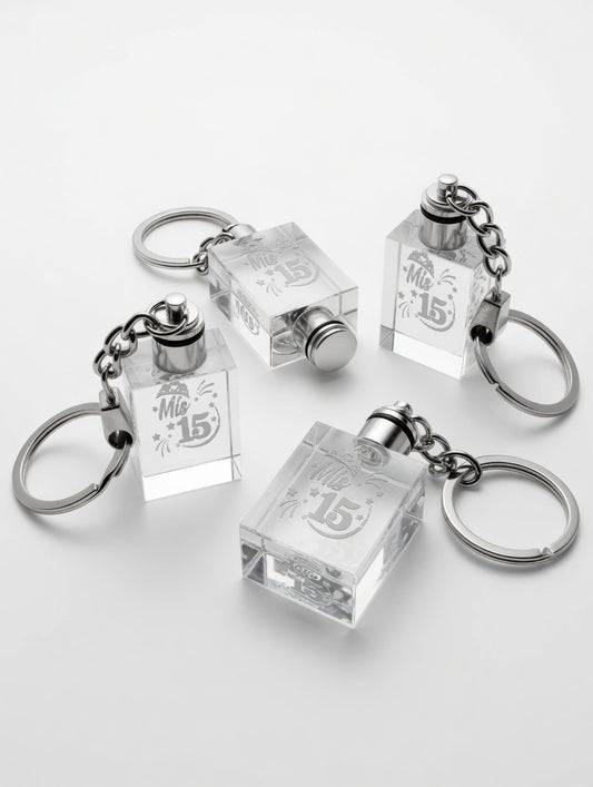 12 piece Personalized Crystal Keychain - Mis 15 Quinceañera / Sweet 15 / Sweet 16 / Communion / Baptism(Bautizo) / Anniversary / Wedding(Boda) | Custom Quinceañera Christening Gift | Engraved Rectangular Crystal Keychain