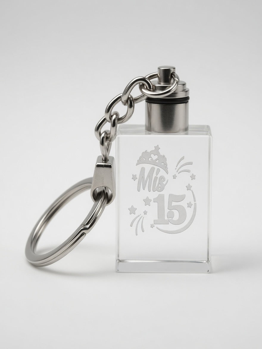 12 piece Personalized Crystal Keychain - Mis 15 Quinceañera / Sweet 15 / Sweet 16 / Communion / Baptism(Bautizo) / Anniversary / Wedding(Boda) | Custom Quinceañera Christening Gift | Engraved Rectangular Crystal Keychain