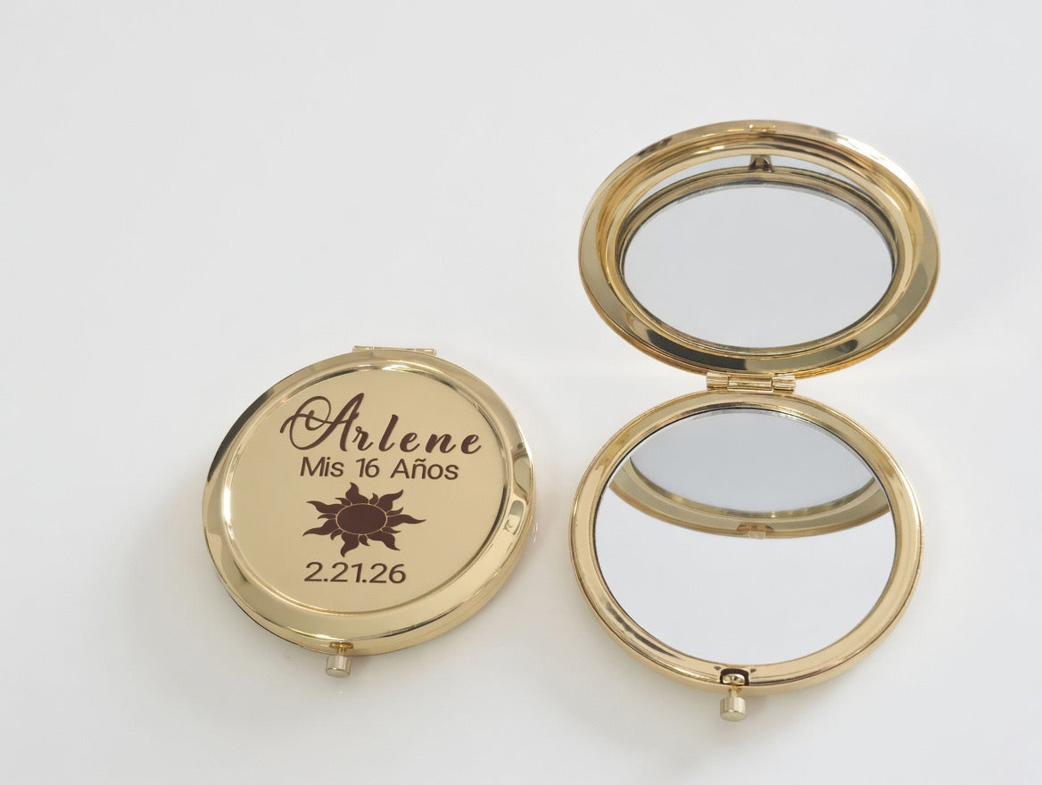 Set of 12 Personalized Sweet 16/Wedding(Boda)/baptism(bautizo)/Communion/Anniversary/Quinceañera Compact Mirror - Custom Engraved Makeup Mirror with Name & Date | Elegant Princess Gift for Her