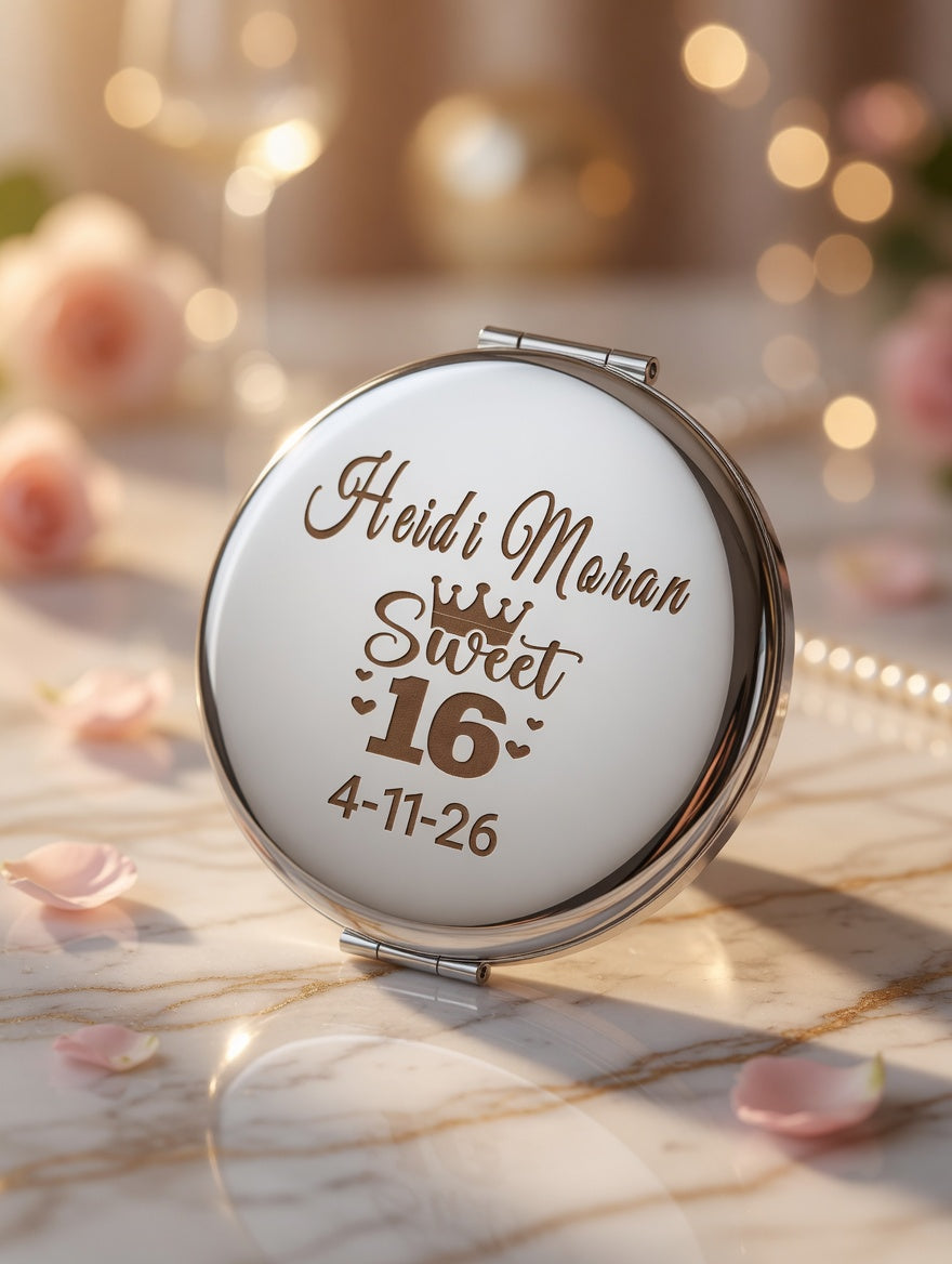 Set of 12 Personalized Sweet 16/Wedding(Boda)/baptism(bautizo)/Communion/Anniversary/Quinceañera Compact Mirror - Custom Engraved Makeup Mirror with Name & Date | Elegant Princess Gift for Her