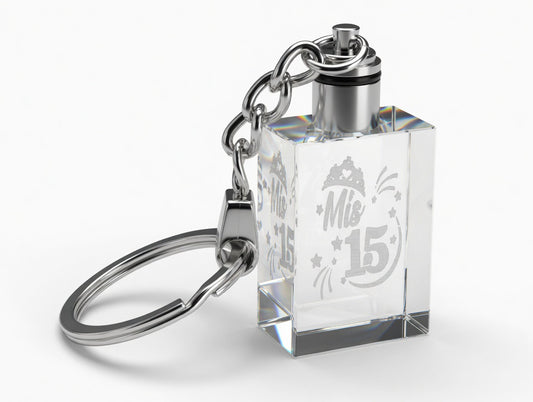 12 piece Personalized Crystal Keychain - Mis 15 Quinceañera / Sweet 15 / Sweet 16 / Communion / Baptism(Bautizo) / Anniversary / Wedding(Boda) | Custom Quinceañera Christening Gift | Engraved Rectangular Crystal Keychain