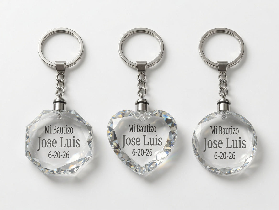 12piece mix personalized Crystal Keychain - Mi Bautizo(Baptism)/quinceañera/sweet 16/Communion/Anniversary/Wedding(Boda) Christening Gift | Round, Heart & Octagon Shapes