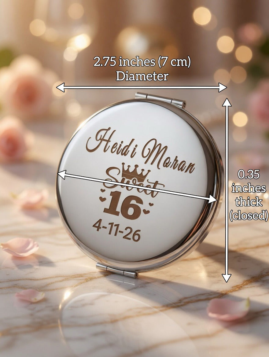 Set of 12 Personalized Sweet 16/Wedding(Boda)/baptism(bautizo)/Communion/Anniversary/Quinceañera Compact Mirror - Custom Engraved Makeup Mirror with Name & Date | Elegant Princess Gift for Her