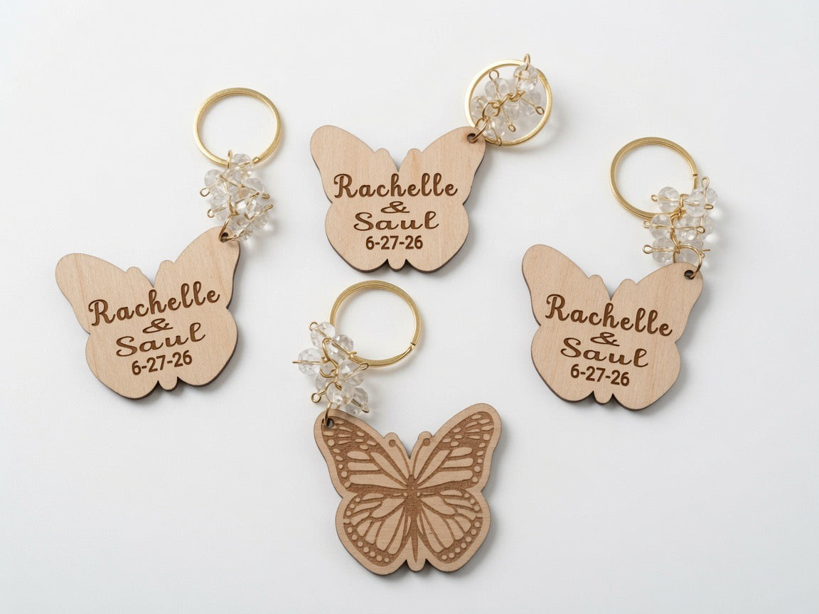 Set of 12 Personalized Butterfly Wooden Keychain - Custom Engraved Name & Date | Sweet 16, Quinceañera, Wedding, Baptism, Communion & More