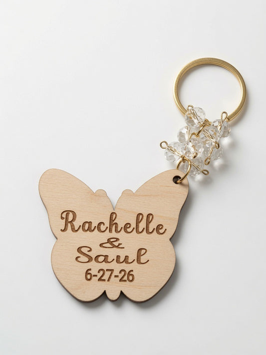 Set of 12 Personalized Butterfly Wooden Keychain - Custom Engraved Name & Date | Sweet 16, Quinceañera, Wedding, Baptism, Communion & More