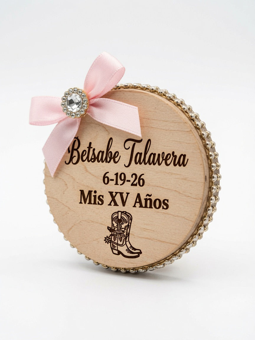 12 set of Personalized Quinceañera Bottle Opener Magnet - Mis XV Años Wooden Favor with Rhinestones & Pink Ribbon