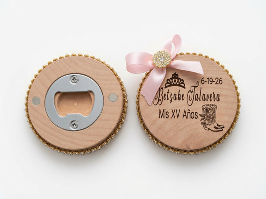 12 set of Personalized Quinceañera Bottle Opener Magnet - Mis XV Años Wooden Favor with Rhinestones & Pink Ribbon