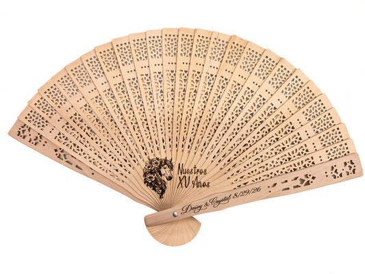 Laser-cut wooden hand fan engraved Nuestros XV Años with floral horse filigree