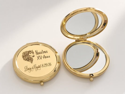 Gold compact mirror engraved Nuestros XV Años with floral horse design