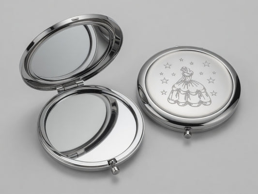 Elegant Silver Princess Compact Mirror with Star Engraving - Vintage Ball Gown Design