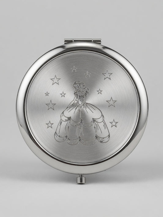 Elegant Silver Princess Compact Mirror with Star Engraving - Vintage Ball Gown Design