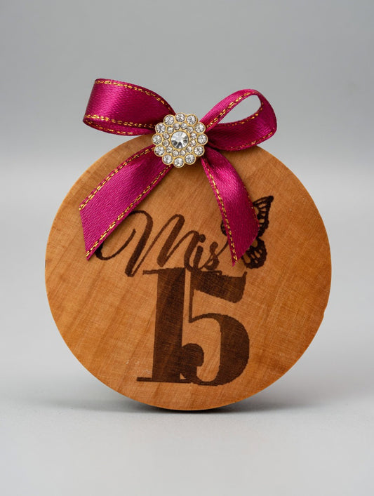 Personalized Wooden “Mis 15” Quinceañera Fridge Magnet & Bottle Opener Favor with Burgundy Ribbon