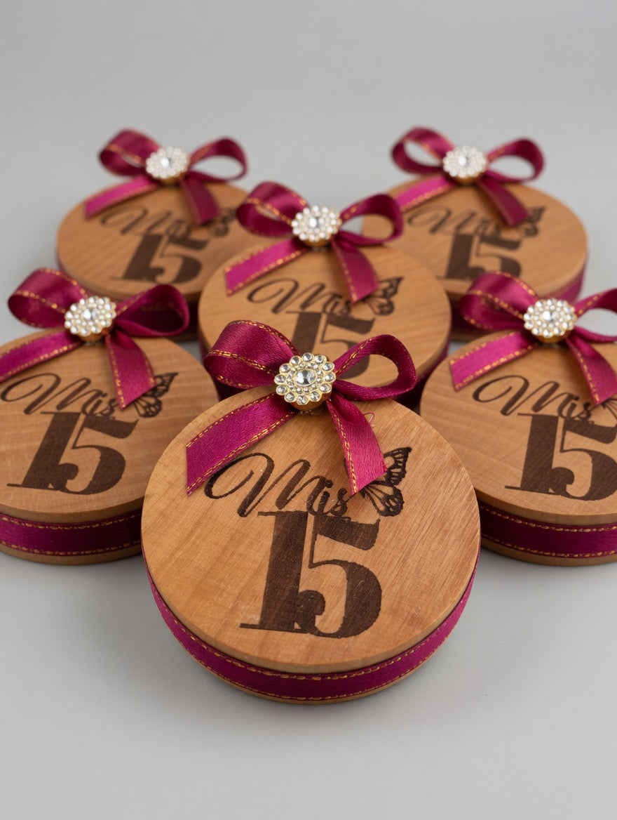Set of 12 Personalized Wooden “Mis 15” Quinceañera Fridge Magnet & Bottle Opener Favor with Burgundy Ribbon