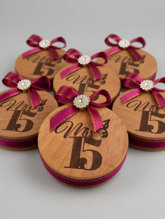 Personalized Wooden “Mis 15” Quinceañera Fridge Magnet & Bottle Opener Favor with Burgundy Ribbon