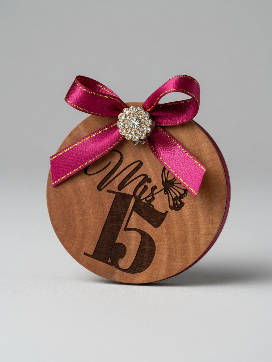 Set of 12 Personalized Wooden “Mis 15” Quinceañera Fridge Magnet & Bottle Opener Favor with Burgundy Ribbon