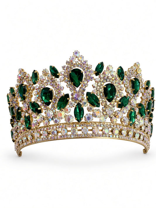 Emerald green Quinceañera tiara crown with AB stones on gold frame
