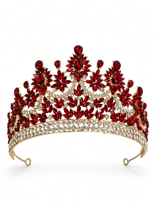 Ruby red Quinceañera tiara on gold frame with loop ends