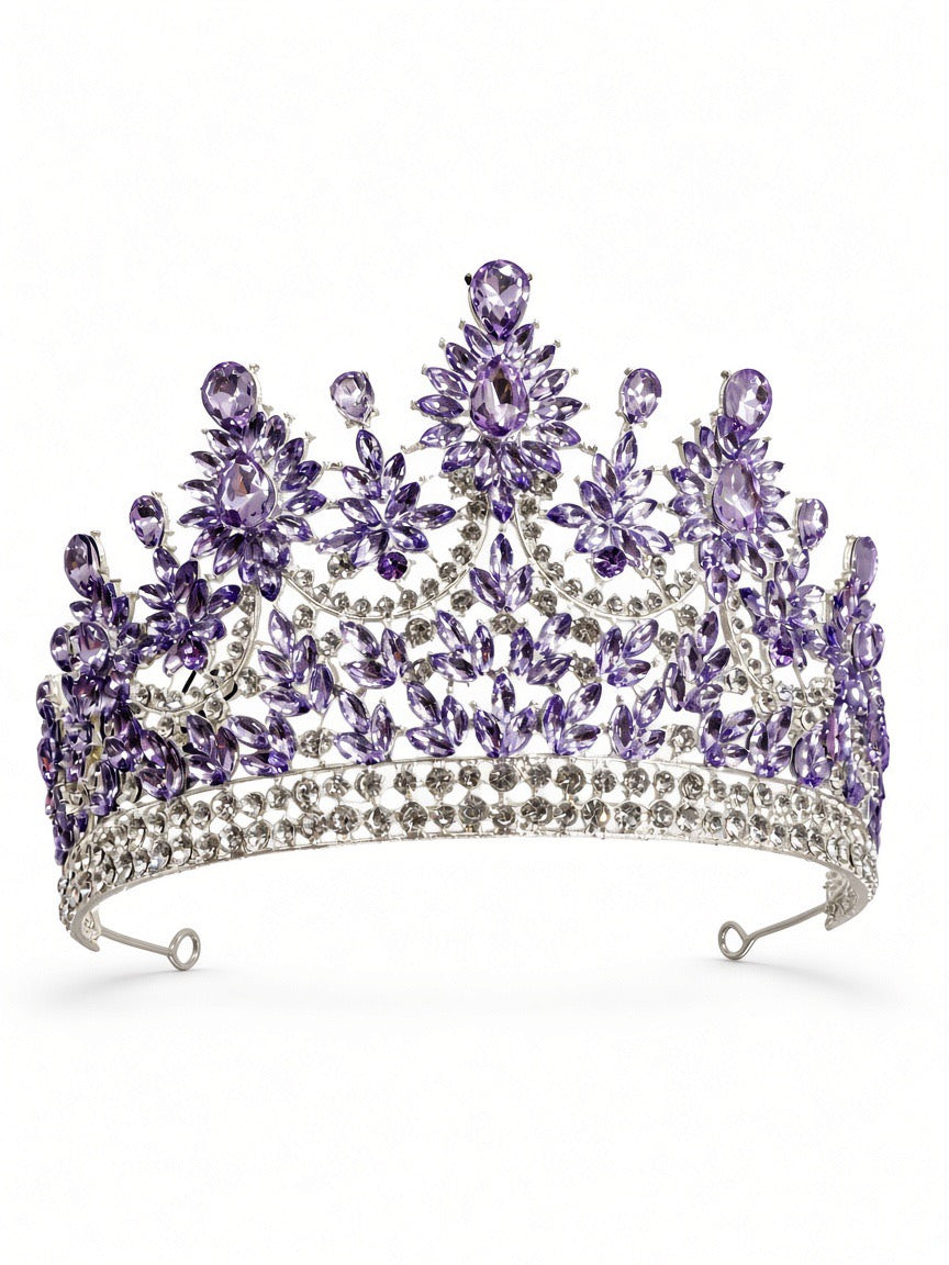Lavender Quinceañera tiara on silver frame with loop ends