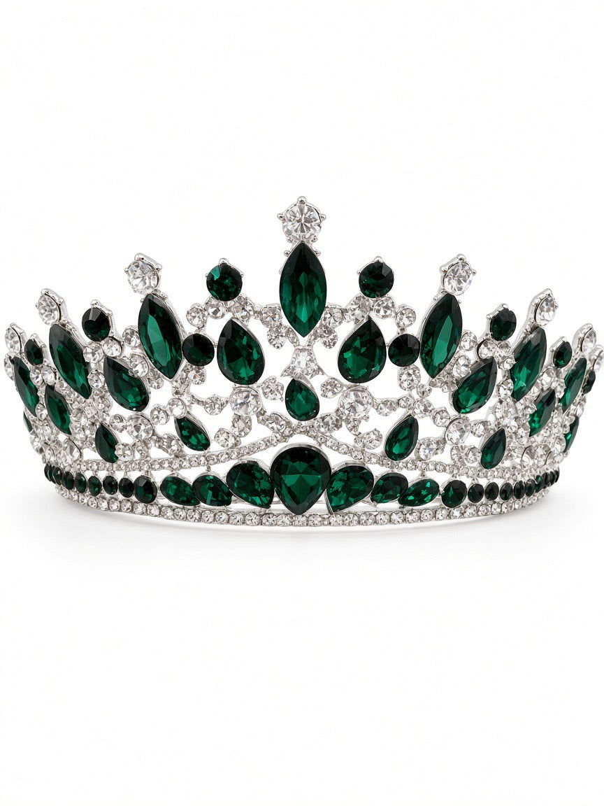 Emerald green Quinceañera tiara on silver wide band