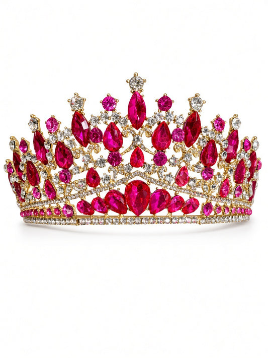 Fuchsia hot pink Quinceañera tiara crown on gold frame