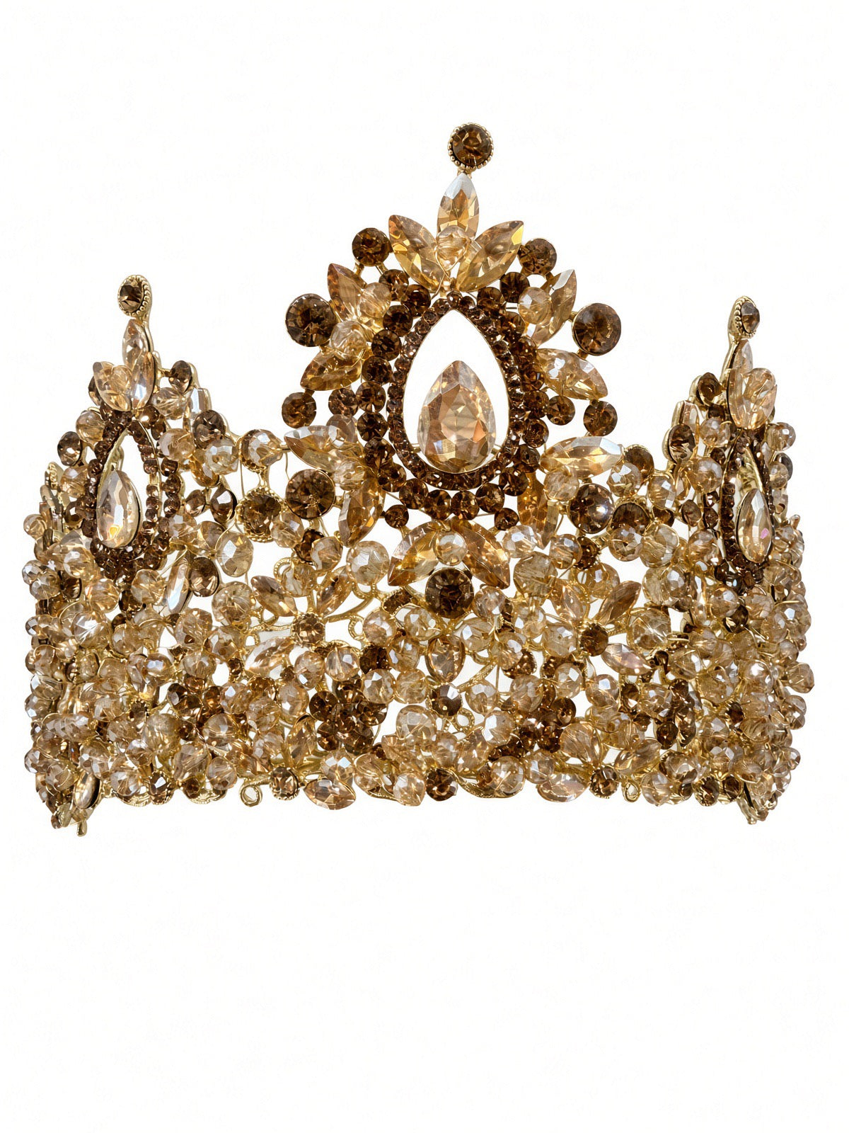 Gold topaz Quinceañera crown tall full with center teardrop