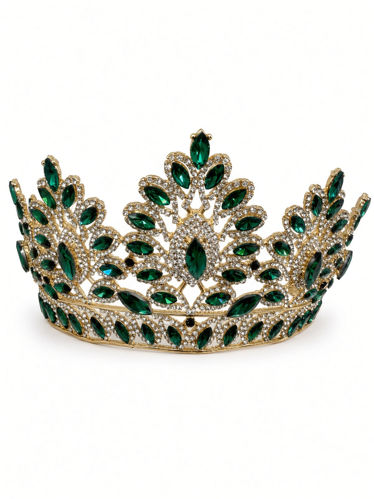 Emerald green Quinceañera corona with gold leaf-shaped top