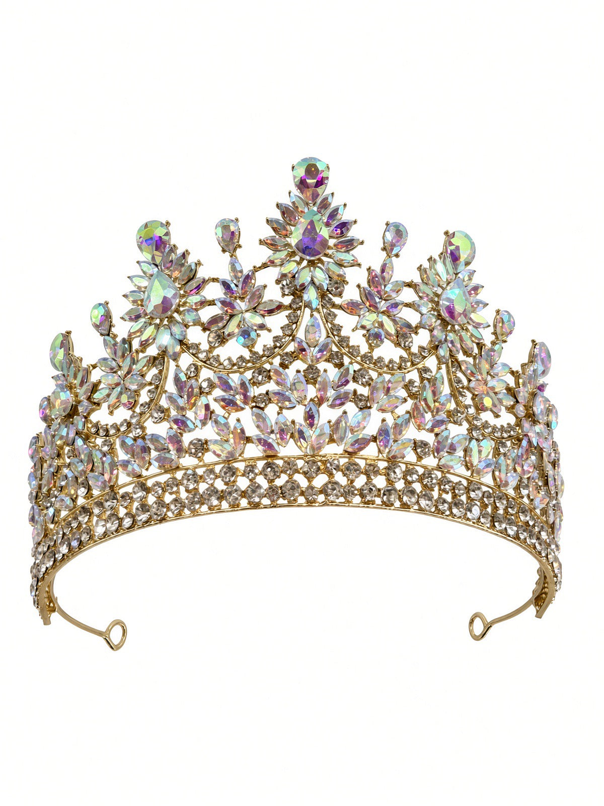 AB iridescent Quinceañera tiara on gold with loop ends