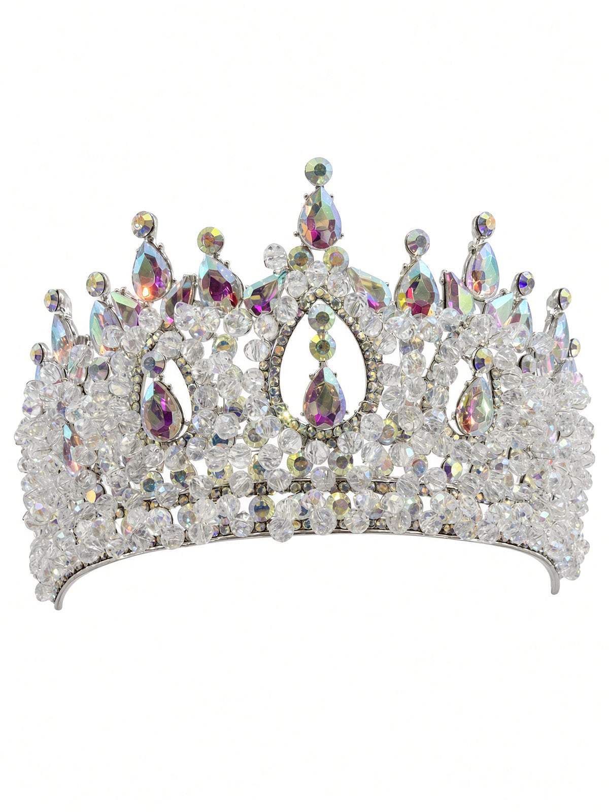 Clear pearl AB Quinceañera corona with silver teardrop arches