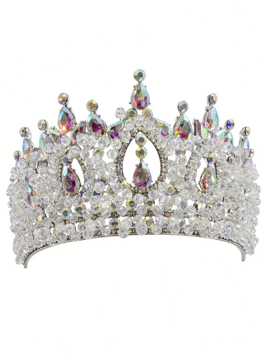 Clear pearl AB Quinceañera corona with silver teardrop arches