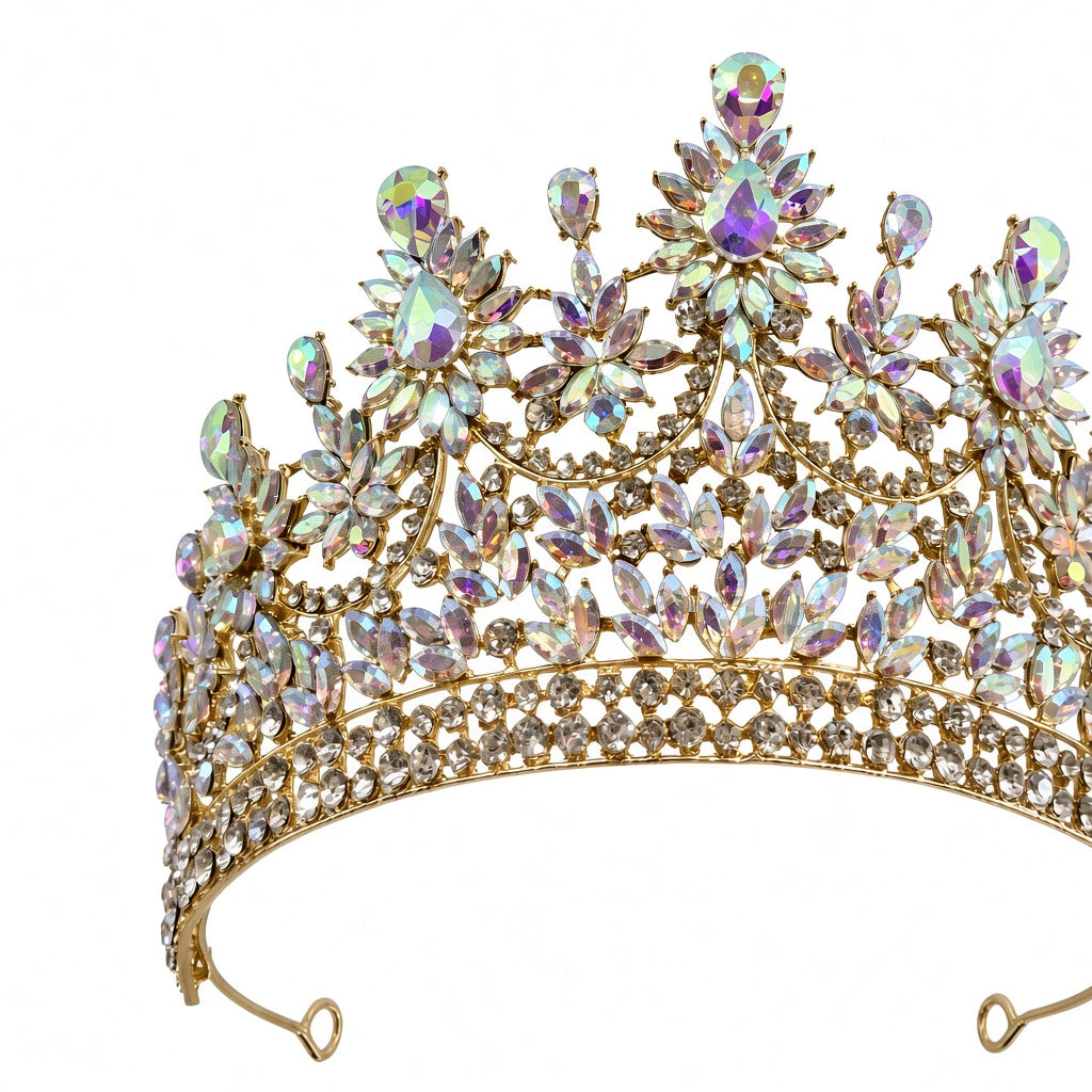 AB iridescent Quinceañera tiara gold loop ends close-up detail of stones and craftsmanship