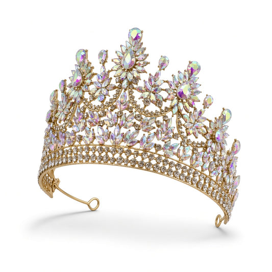 AB iridescent Quinceañera tiara gold loop ends side angle studio product photo