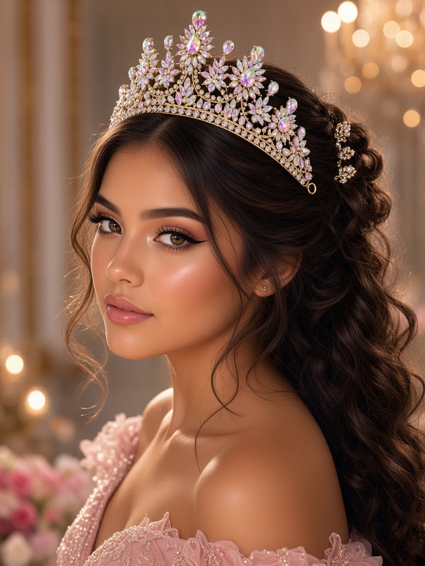 AB iridescent Quinceañera tiara gold loop ends young woman wearing this Quinceañera tiara for quince styling