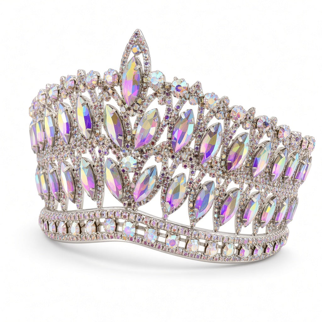AB opal Quinceañera tiara silver wide band close-up detail of stones and craftsmanship