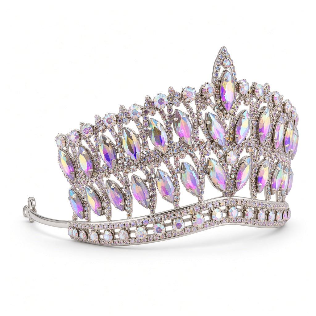 AB opal Quinceañera tiara silver wide band side angle studio product photo