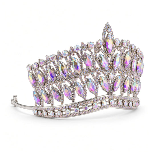 AB opal Quinceañera tiara silver wide band side angle studio product photo