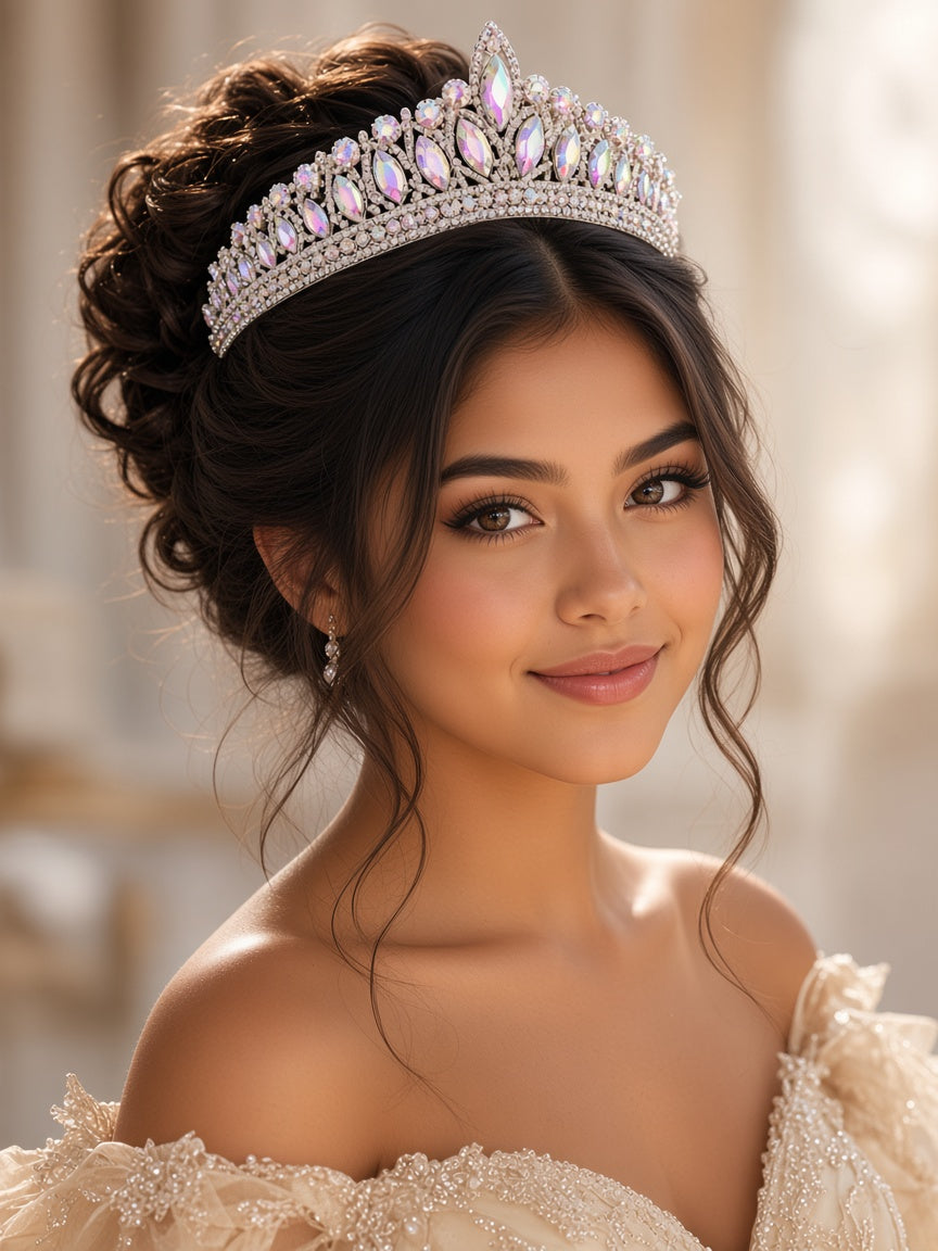 AB opal Quinceañera tiara silver wide band young woman wearing this Quinceañera tiara for quince styling