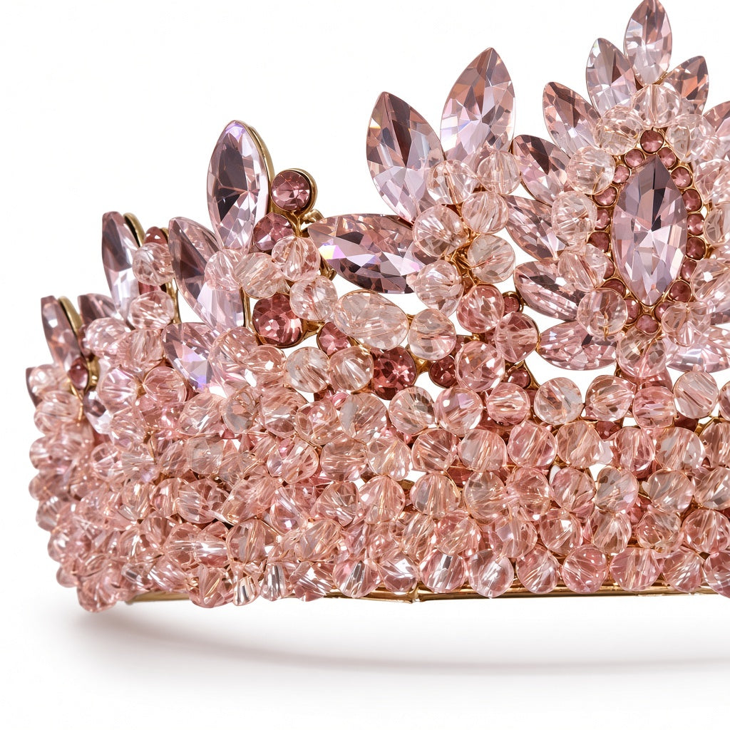 Blush pink Quinceañera tiara rose gold frame close-up detail of stones and craftsmanship
