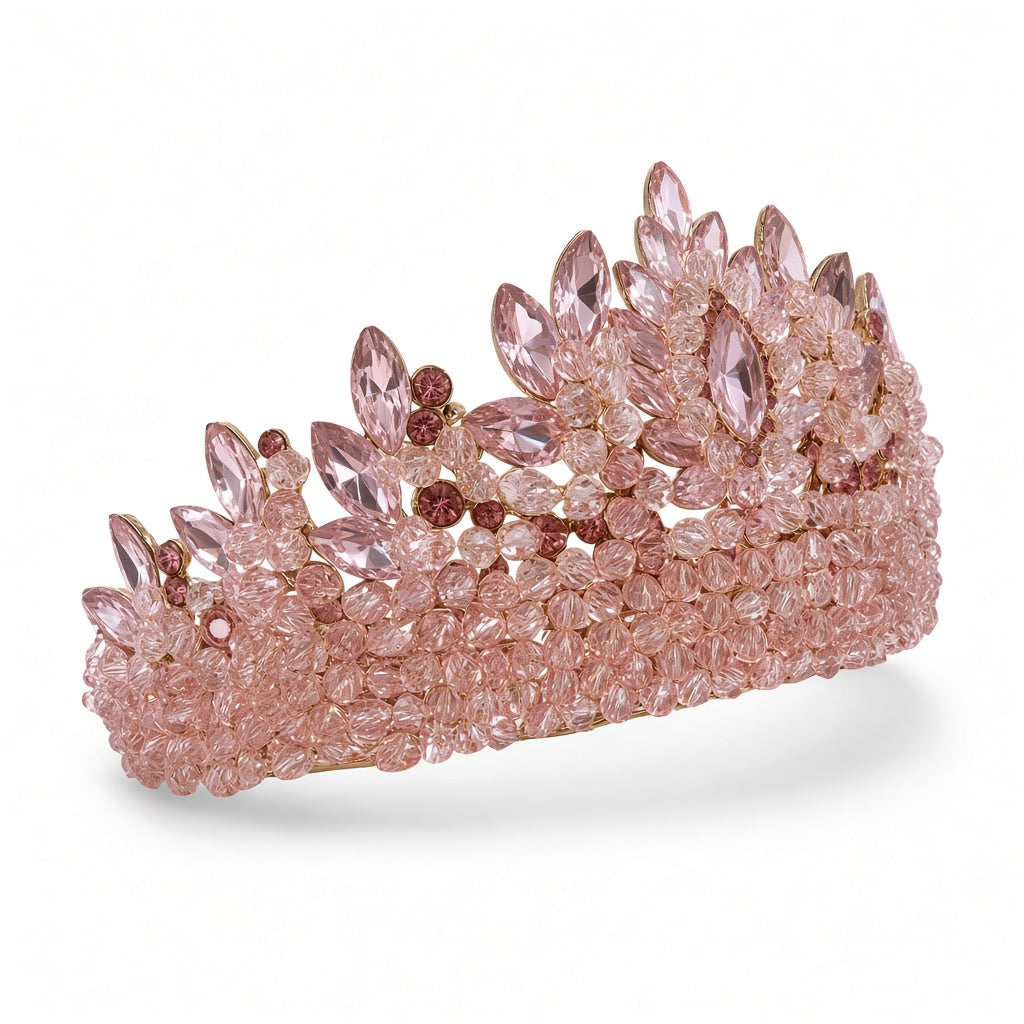 Blush pink Quinceañera tiara rose gold frame side angle studio product photo