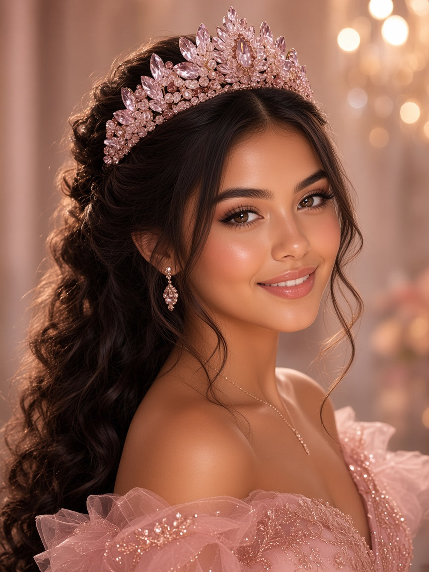 Blush pink Quinceañera tiara rose gold frame young woman wearing this Quinceañera tiara for quince styling