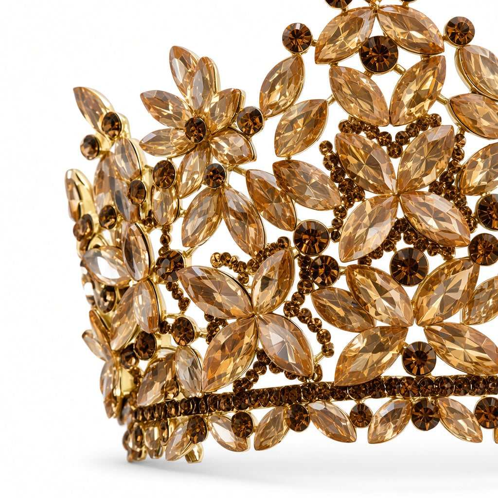 Champagne gold Quinceañera tiara leaf cluster crown close-up detail of stones and craftsmanship